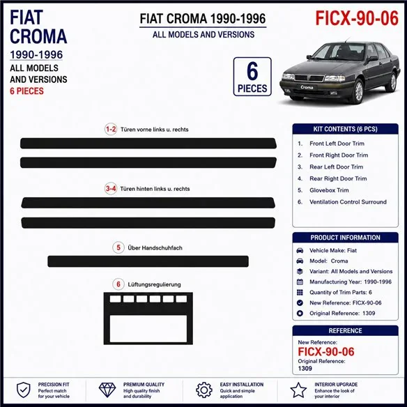 Fiat Croma 1990-1996 kit décor tableau de bord 3D, 6 pièces