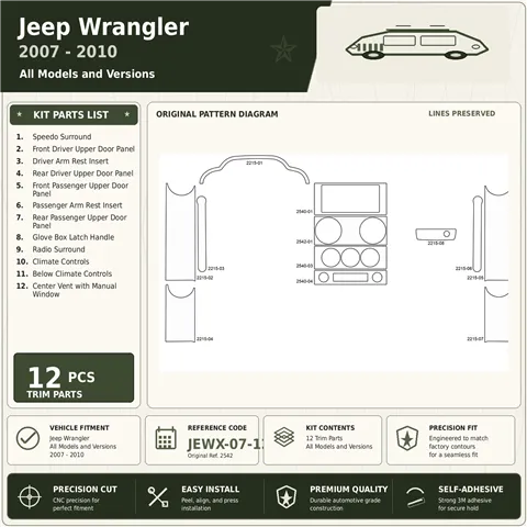 Jeep Wrangler 2007-2010 kit décoration intérieure tableau de bord 12 pièces