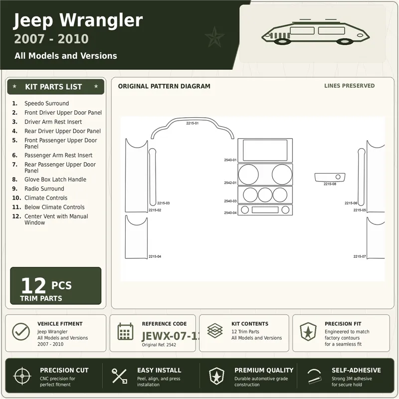 Jeep Wrangler 2007-2010 kit décoration intérieure tableau de bord 12 pièces