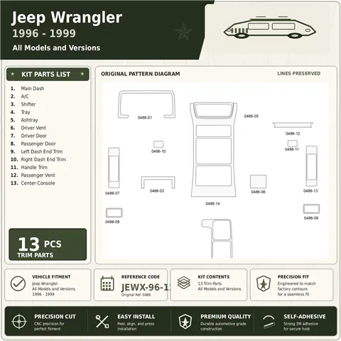 Jeep Wrangler 1996-1999 kit décoration intérieure tableau de bord 13 pièces