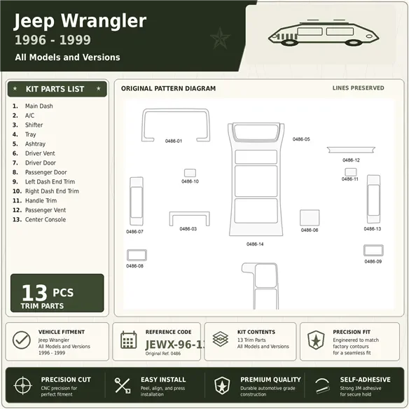 Jeep Wrangler 1996-1999 kit décoration intérieure tableau de bord 13 pièces
