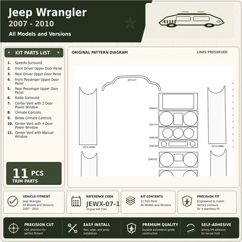 Jeep Wrangler 2007-2010 kit décoration intérieure tableau de bord 11 pièces