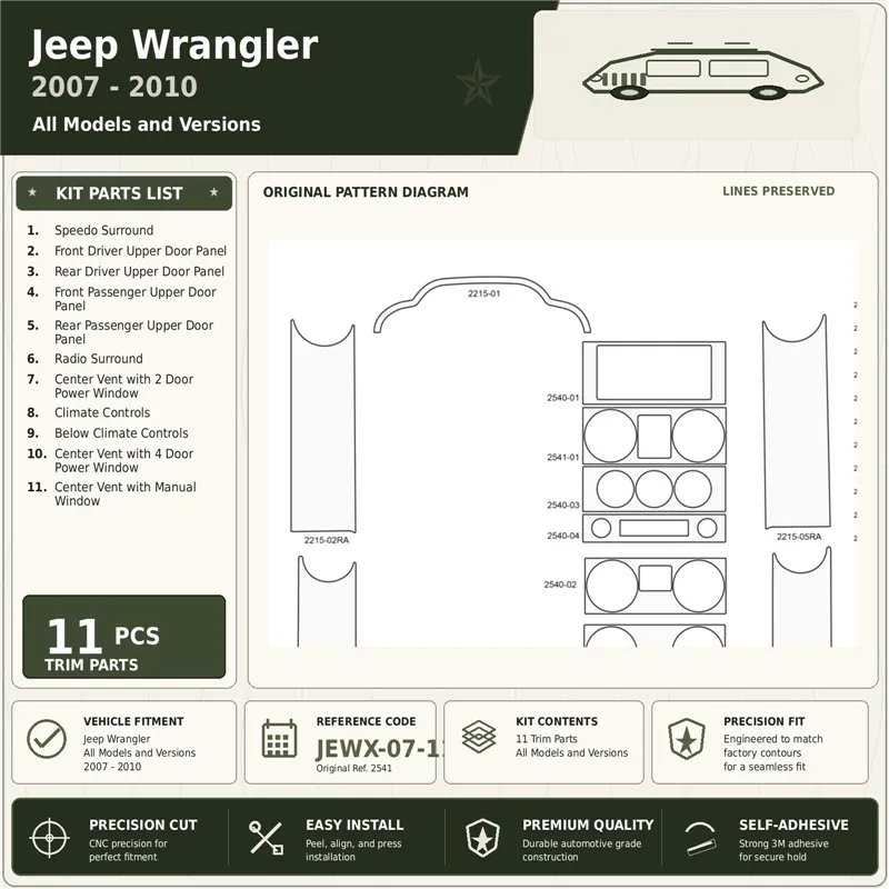 Jeep Wrangler 2007-2010 kit décoration intérieure tableau de bord 11 pièces