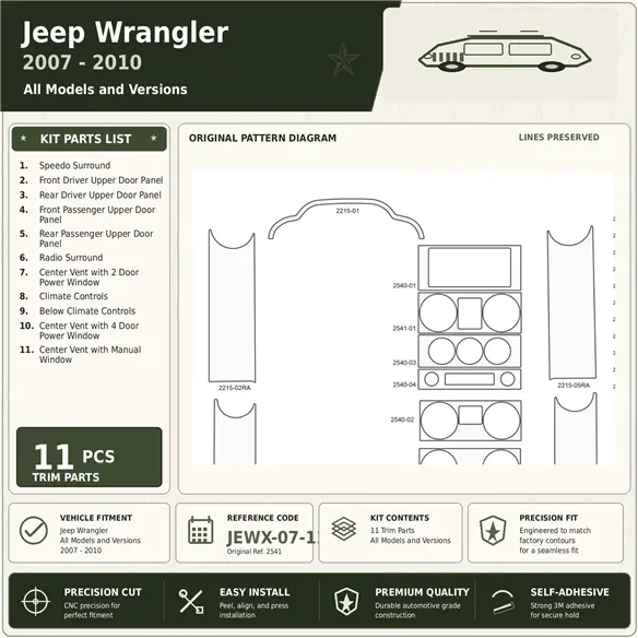 Jeep Wrangler 2007-2010 kit décoration intérieure tableau de bord 11 pièces