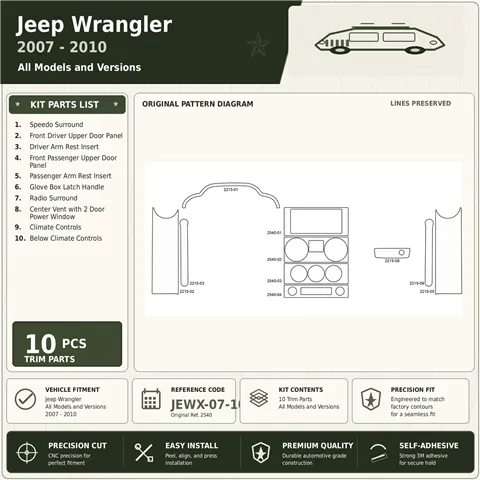 Jeep Wrangler 2007-2010 kit décoration intérieure tableau de bord 10 pièces