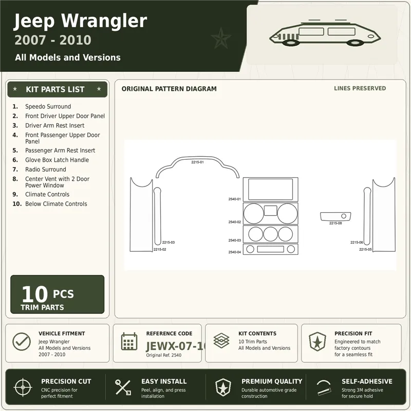 Jeep Wrangler 2007-2010 kit décoration intérieure tableau de bord 10 pièces