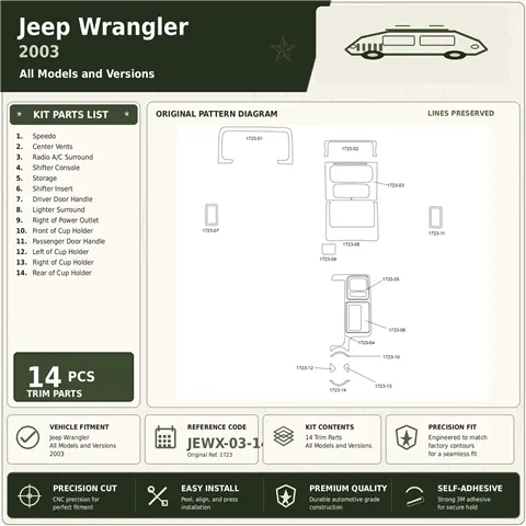 Jeep Wrangler 2003 kit décoration intérieure tableau de bord 14 pièces