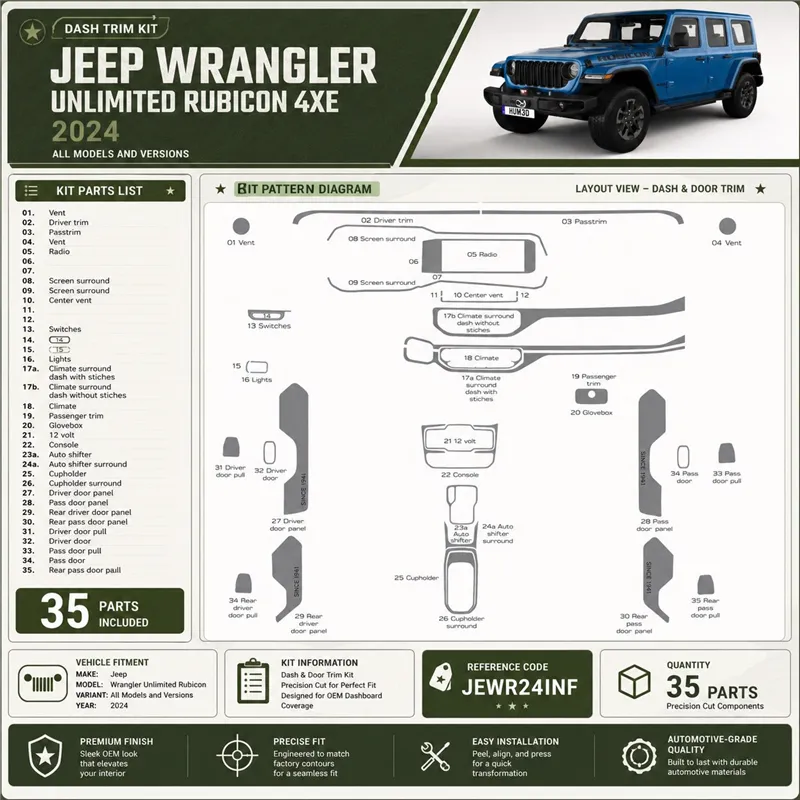 Jeep Wrangler Unlimited Rubicon 2024 kit décoration intérieure tableau de bord 35 pièces