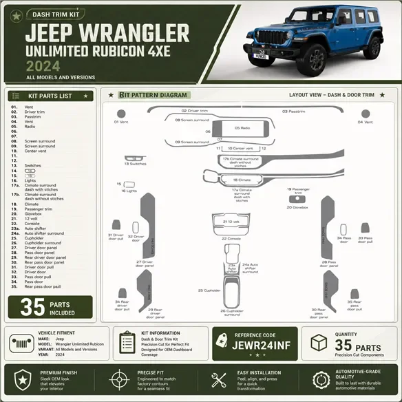 Jeep Wrangler Unlimited Rubicon 2024 kit décoration intérieure tableau de bord 35 pièces