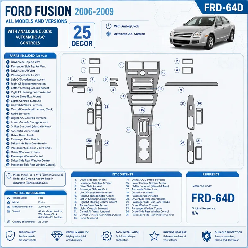 Ford Fusion 2006-2009 avec Analogue Clock, automatique A/C Controls kit décoration intérieure tableau de bord