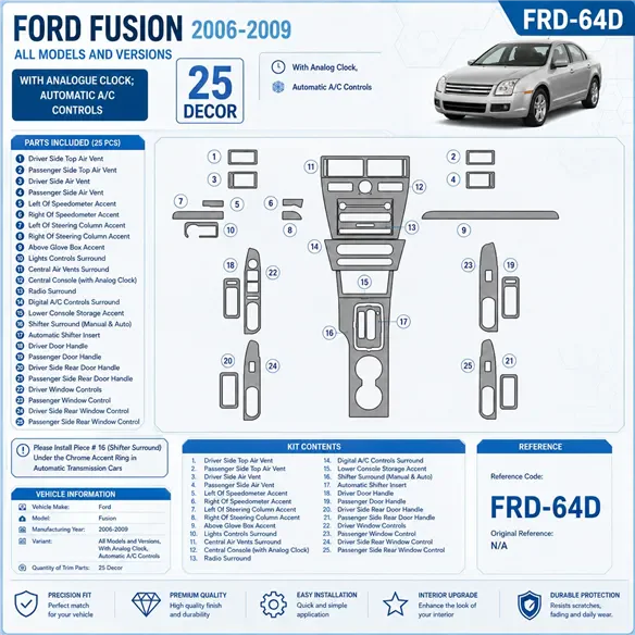Ford Fusion 2006-2009 avec Analogue Clock, automatique A/C Controls kit décoration intérieure tableau de bord