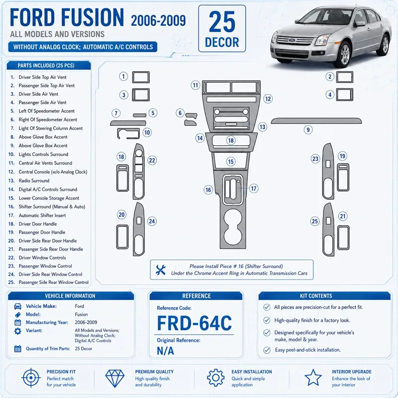 Ford Fusion 2006-2009 avec automatique Clock, automatique A/C Controls kit décoration intérieure tableau de bord