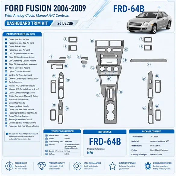 Ford Fusion 2006-2009 avec Analogue Clock, boîte manuelle A/C Controls kit décoration intérieure tableau de bord