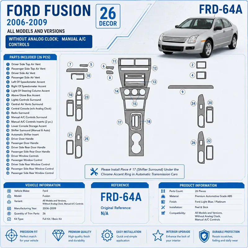 Ford Fusion 2006-2009 avec automatique Clock, boîte manuelle A/C Controls kit décoration intérieure tableau de bord