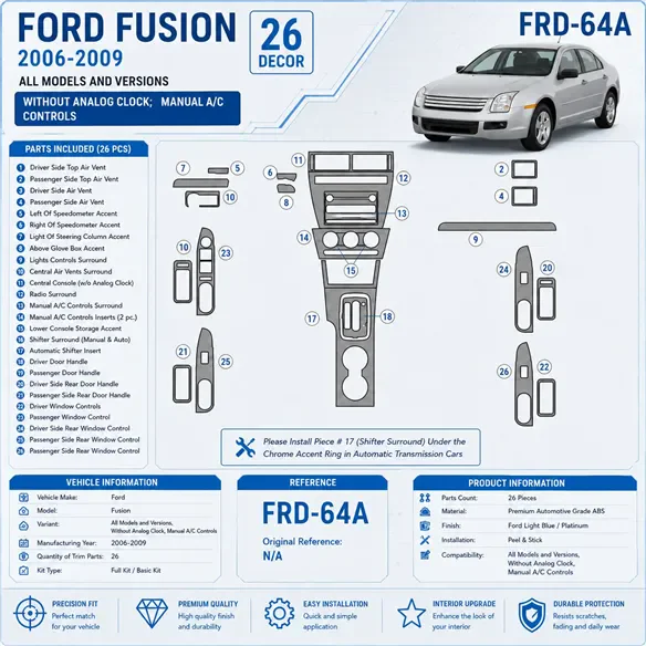 Ford Fusion 2006-2009 avec automatique Clock, boîte manuelle A/C Controls kit décoration intérieure tableau de bord
