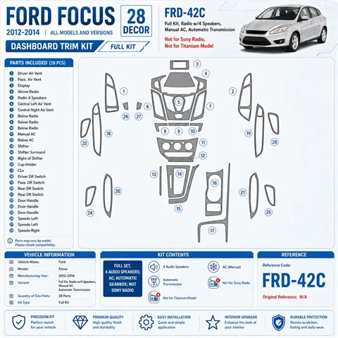 Ford Focus 2012 - à aujourd’hui kit complet, 4 Audio speakers, AC, Auto boîte de vitesses, Not Sony Radio kit décoration intérie