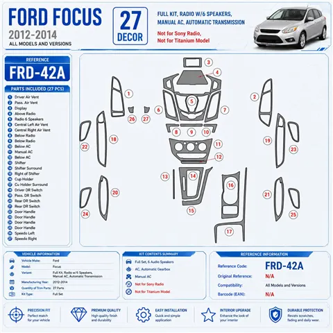 Ford Focus 2012 - à aujourd’hui kit complet, 6 Audio-Speakers, AC, Auto boîte de vitesses, Not Sony Radio kit décoration intérie
