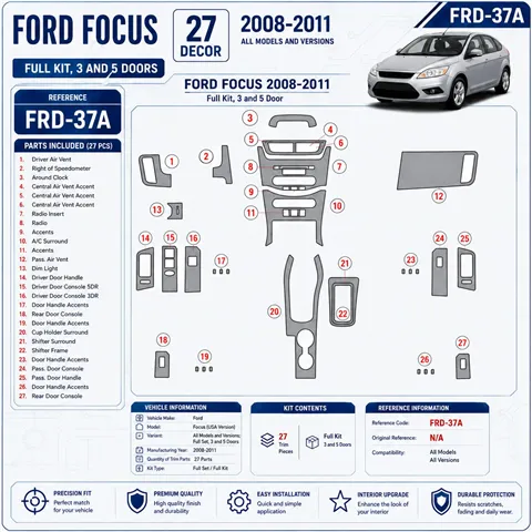 Ford Focus 2008-2011 kit complet, 3 and 5 portes kit décoration intérieure tableau de bord 2