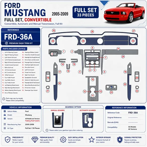 Ford Mustang 2005-2009 Folding roof-Cabrio, kit complet kit décoration intérieure tableau de bord
