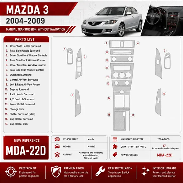Mazda Mazda3 2004-2009 boîte manuelle boîte, sans navigation kit décoration intérieure tableau de bord