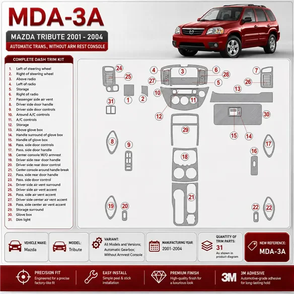 Mazda Tribute 2001-2004 boîte automatique, sans accoudoir Console kit décoration intérieure tableau de bord