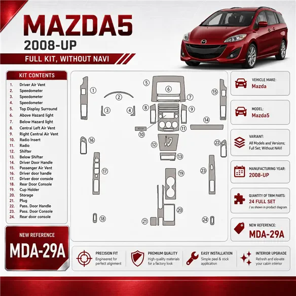 Mazda Mazda5 2008 - à aujourd’hui kit complet, sans navigation kit décoration intérieure tableau de bord