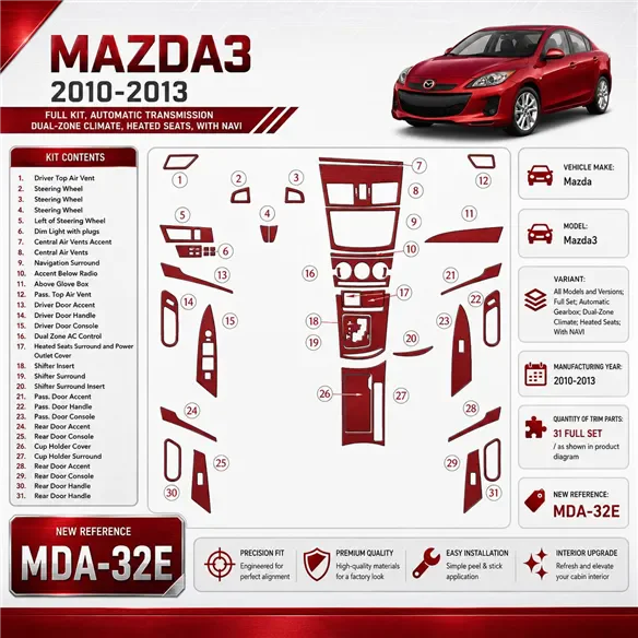 Mazda Mazda3 2010-2013 kit complet, Auto boîte de vitesses, 2-Zone Climate, Heated Seats, avec Navi kit décoration intérieure ta