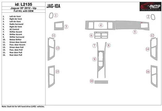 Jaguar XF 2009-UP Ensemble Complet, Avec OEM BD Kit la décoration du tableau de bord - 1 - habillage decor de tableau de bord