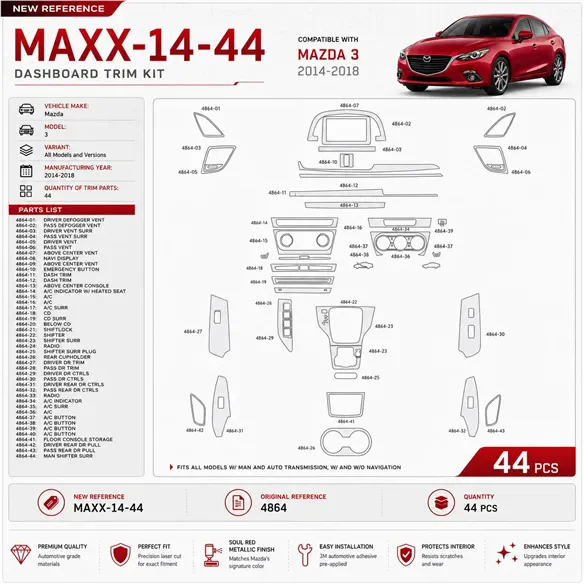 Mazda 3 2014-2018 kit décoration intérieure tableau de bord 44 pièces