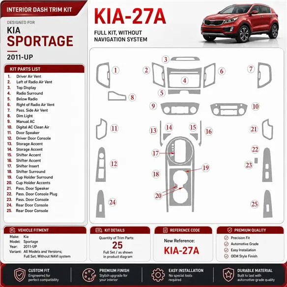KIA Sportage 2011 - à aujourd’hui kit complet, sans navigation system kit décoration intérieure tableau de bord