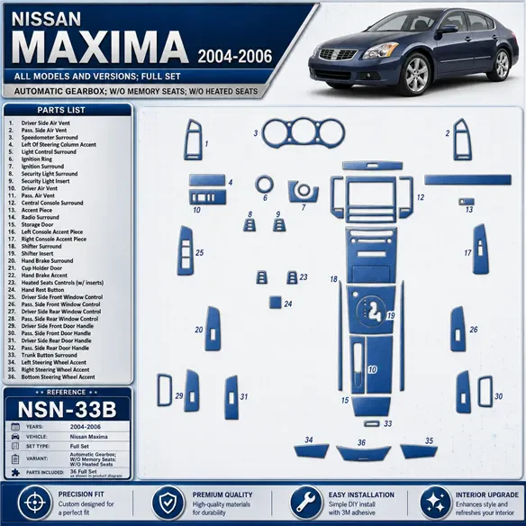 Nissan Maxima 2004-2006 kit complet, boîte automatique, W/O Memory Seats, W/O Heated Seats kit décoration intérieure tableau de 