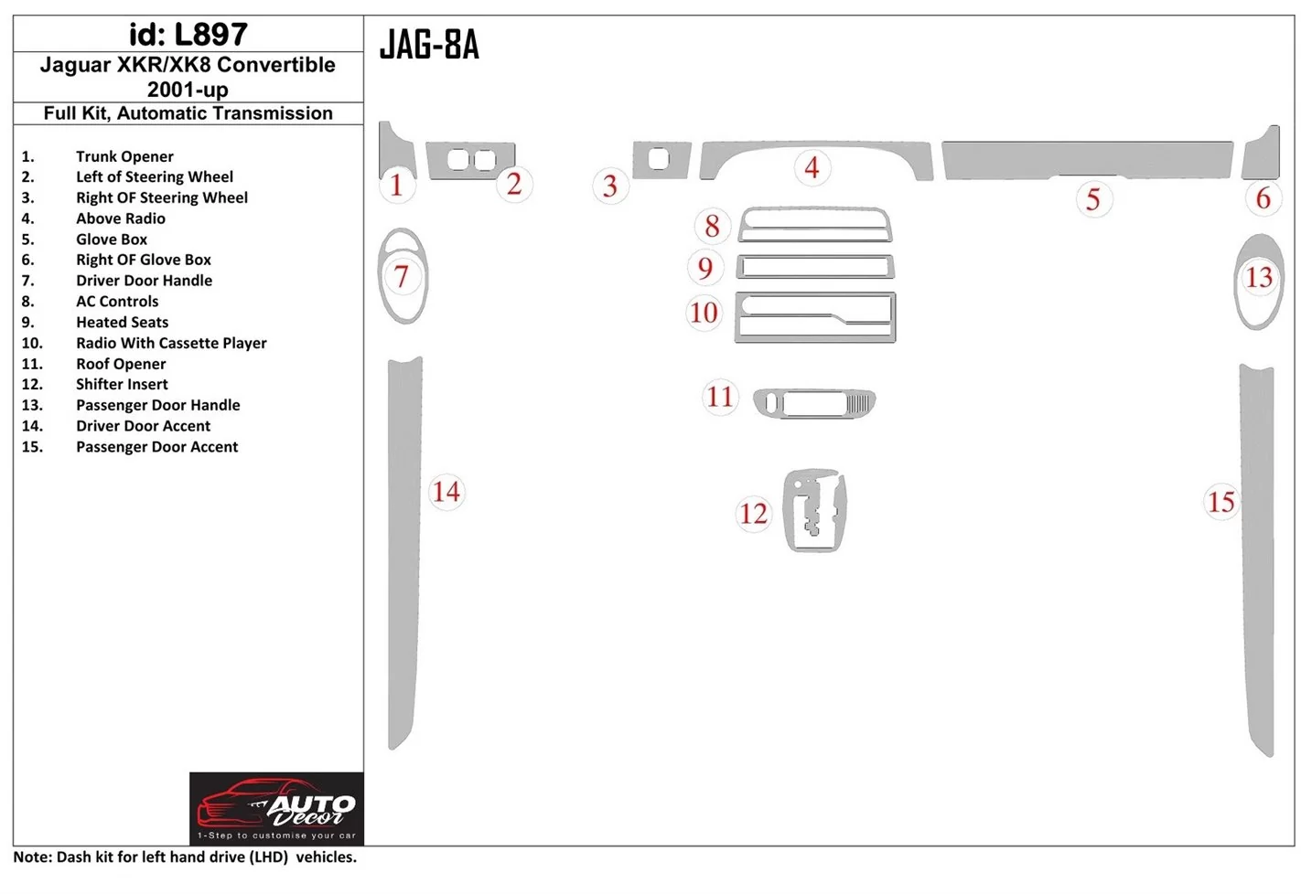 Jaguar XKR/XK8 2001-UP Ensemble Complet, Boîte automatique BD Kit la décoration du tableau de bord - 1 - habillage decor de tabl