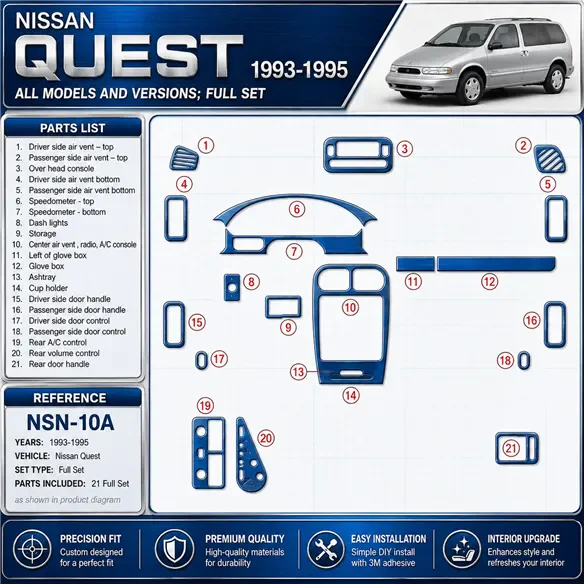 Nissan Quest 1993-1995 kit complet, 21 pièces kit décoration intérieure tableau de bord
