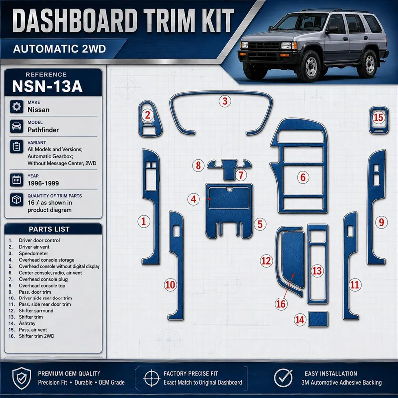 Nissan Pathfinder 1996-1999 Auto boîte de vitesses, sans Message Center, 2WD, 16 pièces kit décoration intérieure tableau de bor