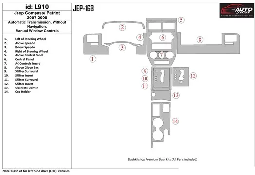 Jeep Compass 2007-2008 Boîte automatique, Sans NAVI, boîte manuellebox Window Controls BD Kit la décoration du tableau de bord -