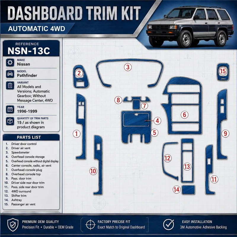 Nissan Pathfinder 1996-1999 Auto boîte de vitesses, sans Message Center, 4WD, 15 pièces kit décoration intérieure tableau de bor