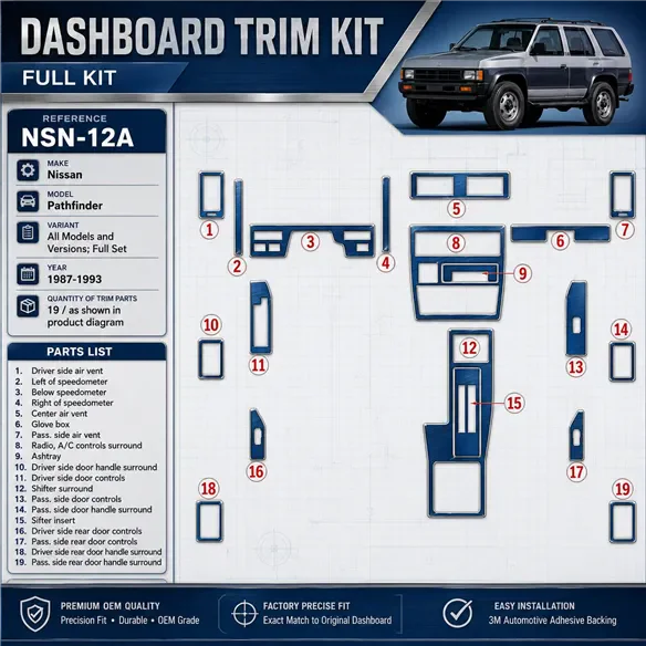 Nissan Pathfinder 1987-1993 kit complet, 19 pièces kit décoration intérieure tableau de bord
