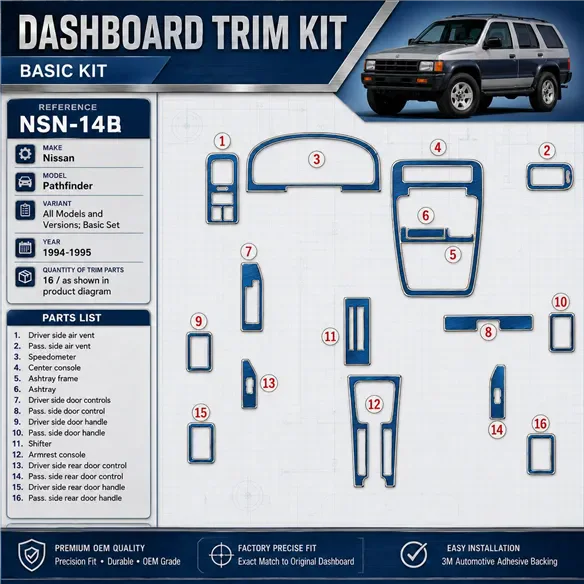 Nissan Pathfinder 1994-1995 kit de base, 16 pièces kit décoration intérieure tableau de bord