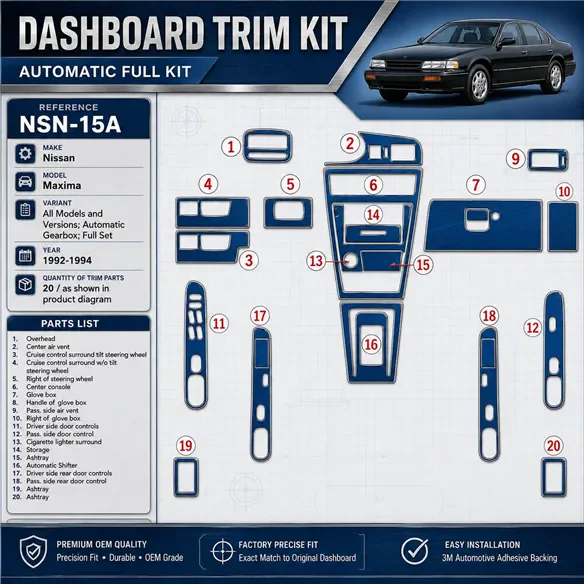 Nissan Maxima 1992-1994 boîte automatique, kit complet, 20 pièces kit décoration intérieure tableau de bord