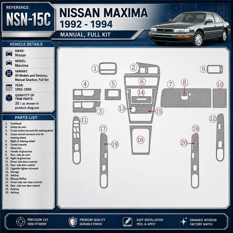 Nissan Maxima 1992-1994 boîte manuelle, kit complet, 20 pièces kit décoration intérieure tableau de bord