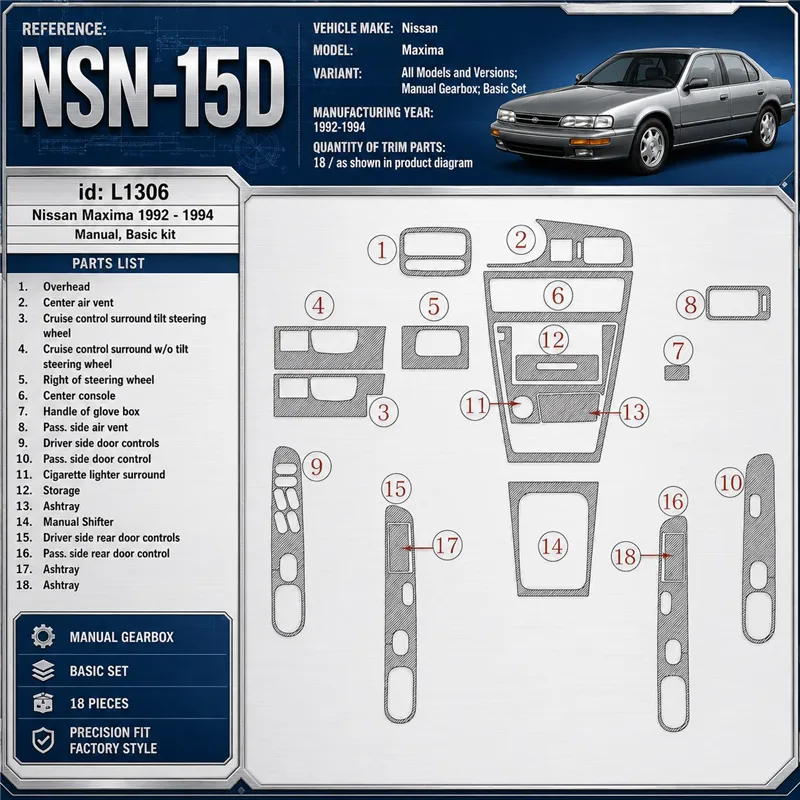 Nissan Maxima 1992-1994 boîte manuelle, kit de base, 18 pièces kit décoration intérieure tableau de bord