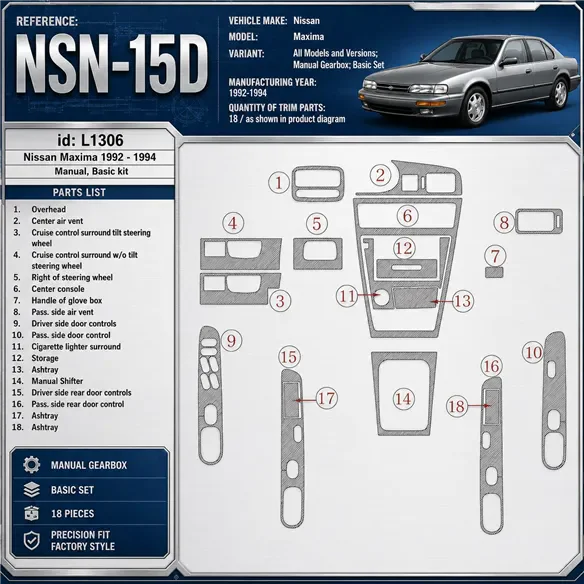 Nissan Maxima 1992-1994 boîte manuelle, kit de base, 18 pièces kit décoration intérieure tableau de bord