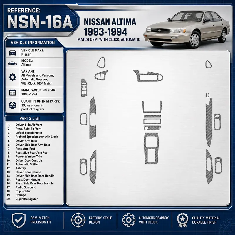 Nissan Altima 1993-1994 boîte automatique, avec watches, OEM Match, 19 pièces kit décoration intérieure tableau de bord