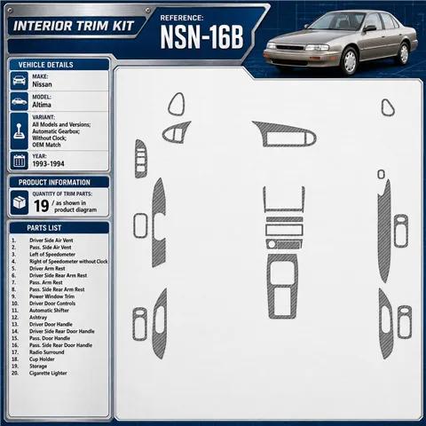 Nissan Altima 1993-1994 boîte automatique, sans watches, OEM Match, 19 pièces kit décoration intérieure tableau de bord