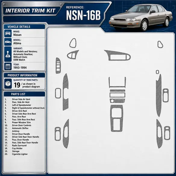 Nissan Altima 1993-1994 boîte automatique, sans watches, OEM Match, 19 pièces kit décoration intérieure tableau de bord