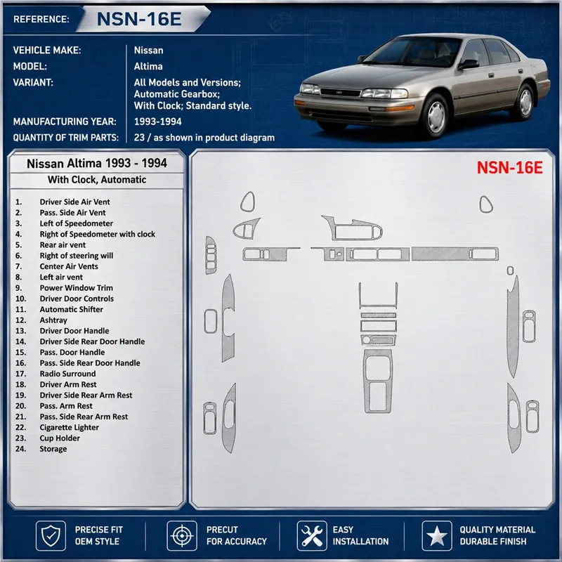 Nissan Altima 1993-1993 boîte automatique, avec watches, sans OEM, 23 pièces kit décoration intérieure tableau de bord