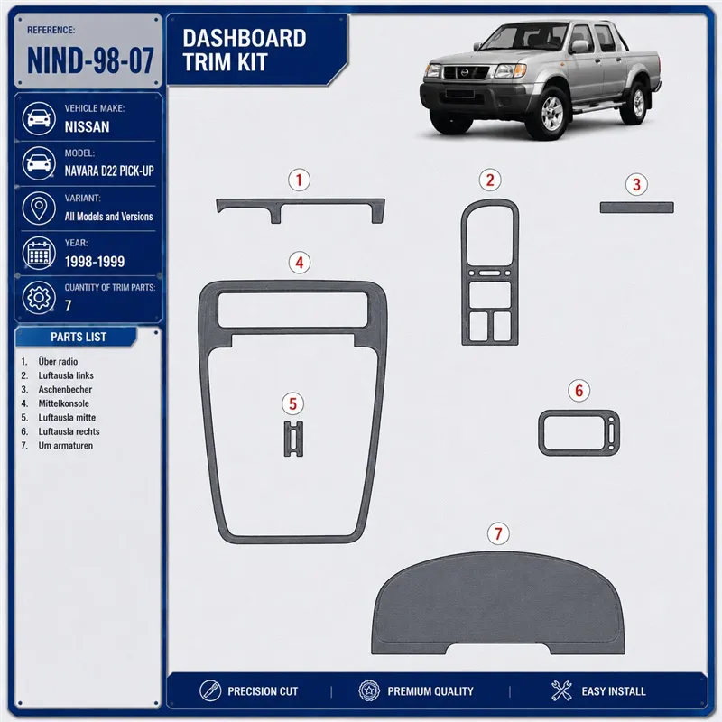 Nissan Navara D22 Pick-up 1998-1999 3D kit décoration intérieure tableau de bord 7 pièces