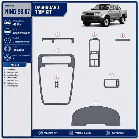 Nissan Navara D22 Pick-up 1998-1999 3D kit décoration intérieure tableau de bord 7 pièces