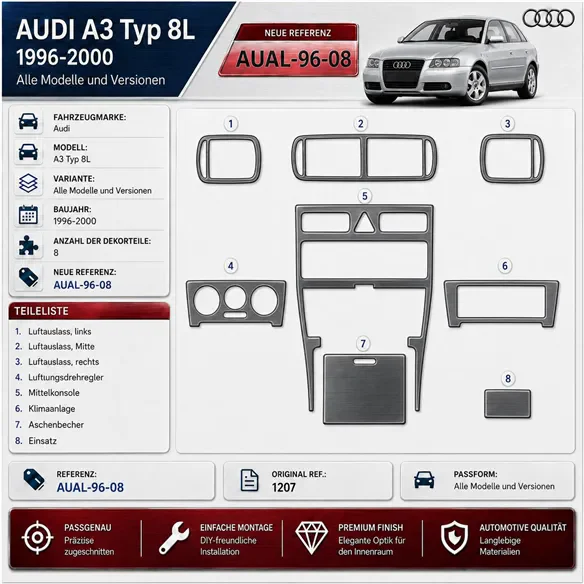 Audi A3 Typ 8L 1996-2000 3D kit décoration intérieure tableau de bord 8 pièces