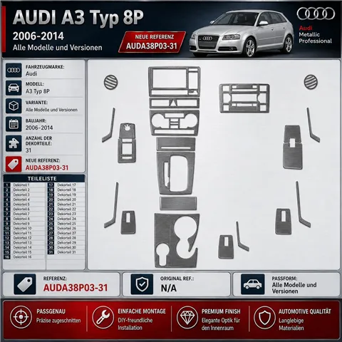 Audi A3 Typ 8P 2006-2014 3D kit décoration intérieure tableau de bord 31 pièces